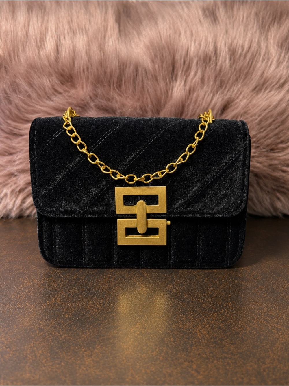Black Velvet Shoulder Bag with Gold Chain and Statement Lock